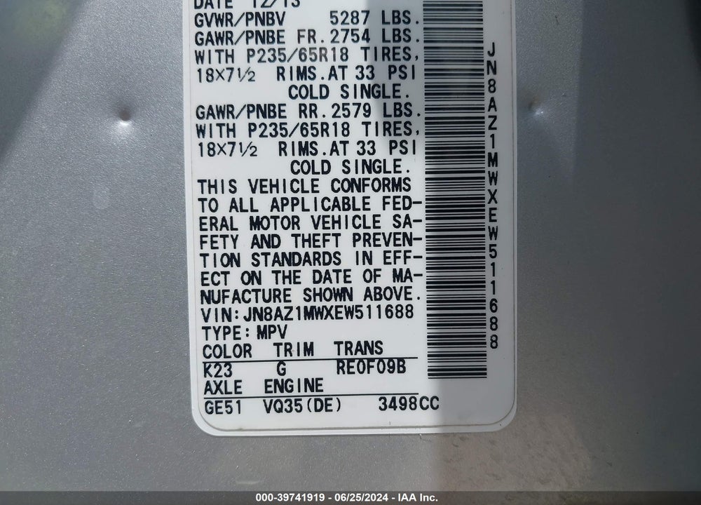 2014 NISSAN MURANO SL VIN: JN8AZ1MWXEW511688