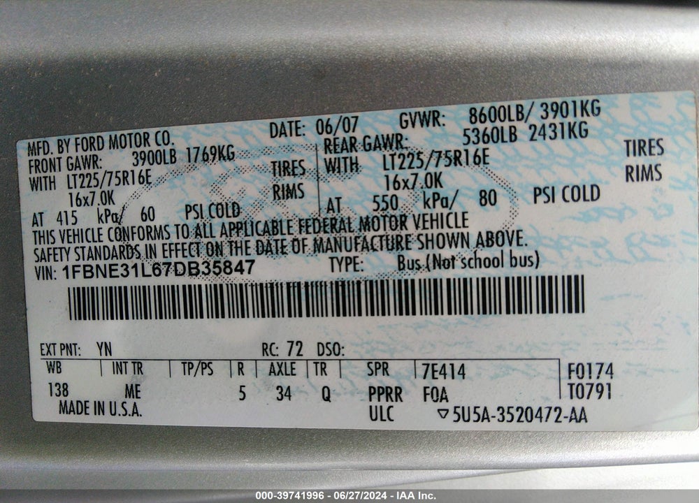 2007 FORD E-350 SUPER DUTY XL/XLT VIN: 1FBNE31L67DB35847