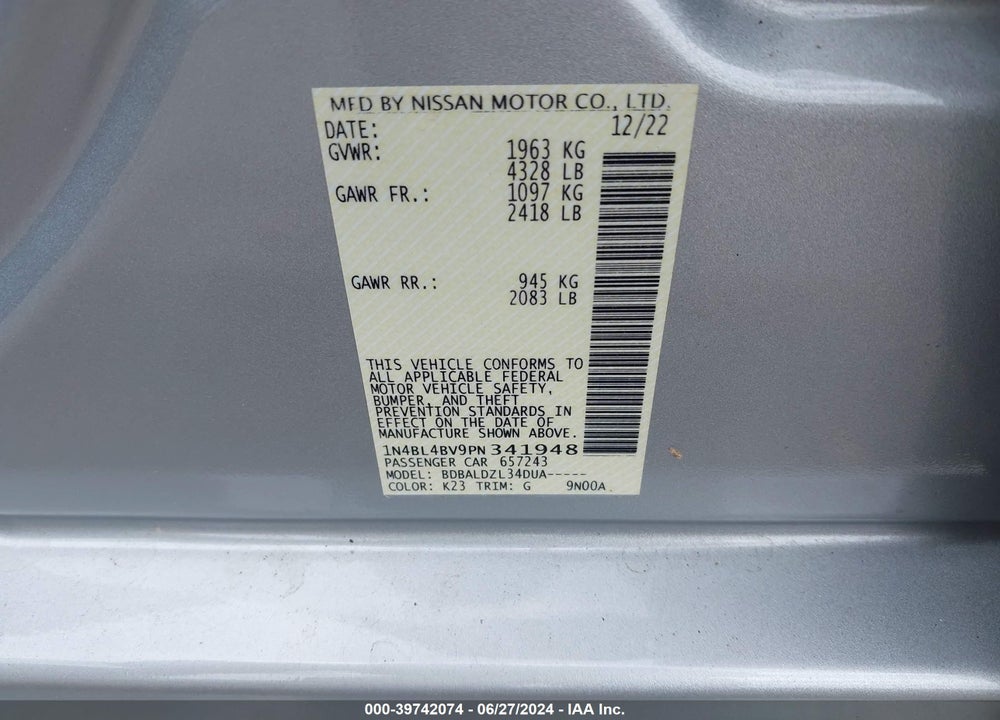 2023 NISSAN ALTIMA S FWD VIN: 1N4BL4BV9PN341948