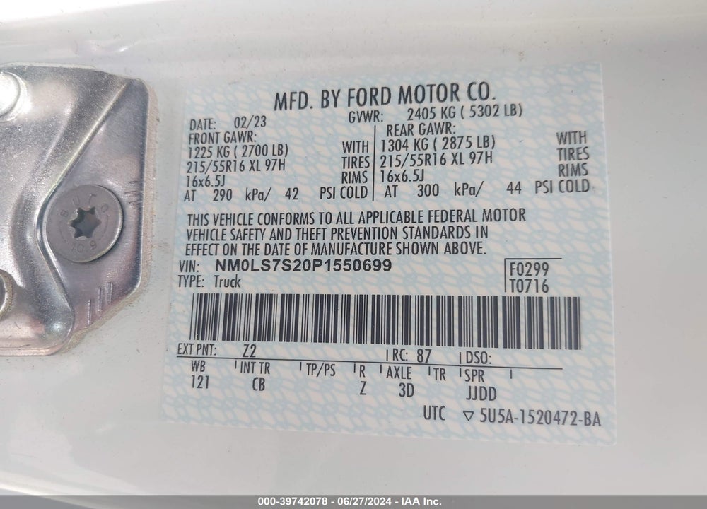 2023 FORD TRANSIT CONNECT VIN: NM0LS7S20P1550699