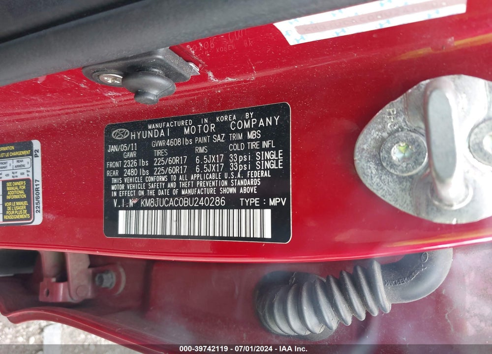 2011 HYUNDAI TUCSON GLS VIN: KM8JUCAC0BU240286