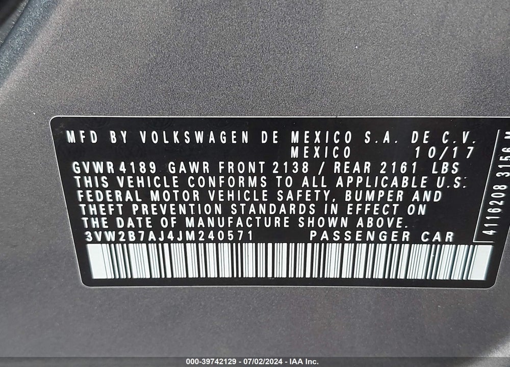 2018 VOLKSWAGEN JETTA 1.4T S VIN: 3VW2B7AJ4JM240571
