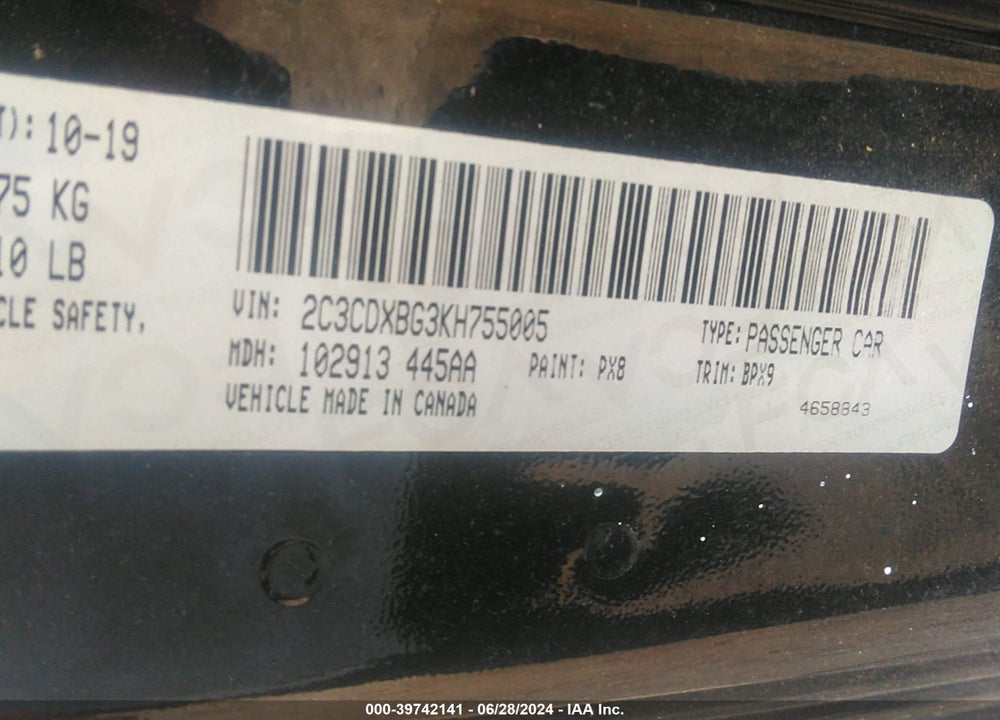 2019 DODGE CHARGER SXT RWD VIN: 2C3CDXBG3KH755005