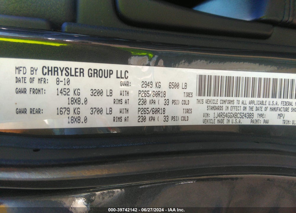 2011 JEEP GRAND CHEROKEE LAREDO VIN: 1J4RS4GGXBC524389