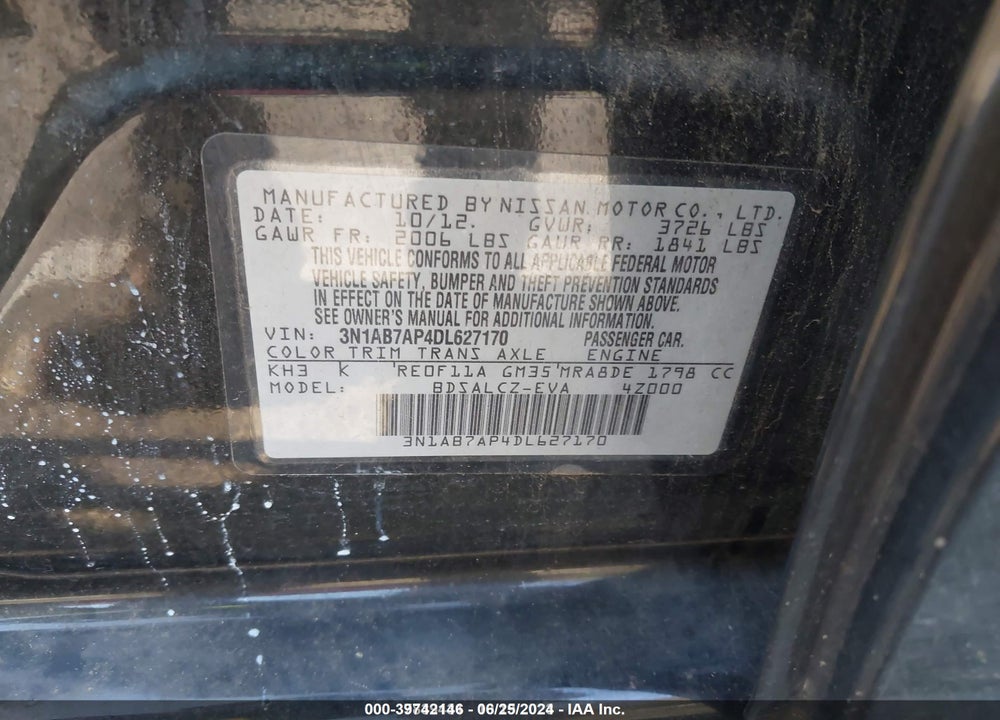 2013 NISSAN SENTRA S VIN: 3N1AB7AP4DL627170