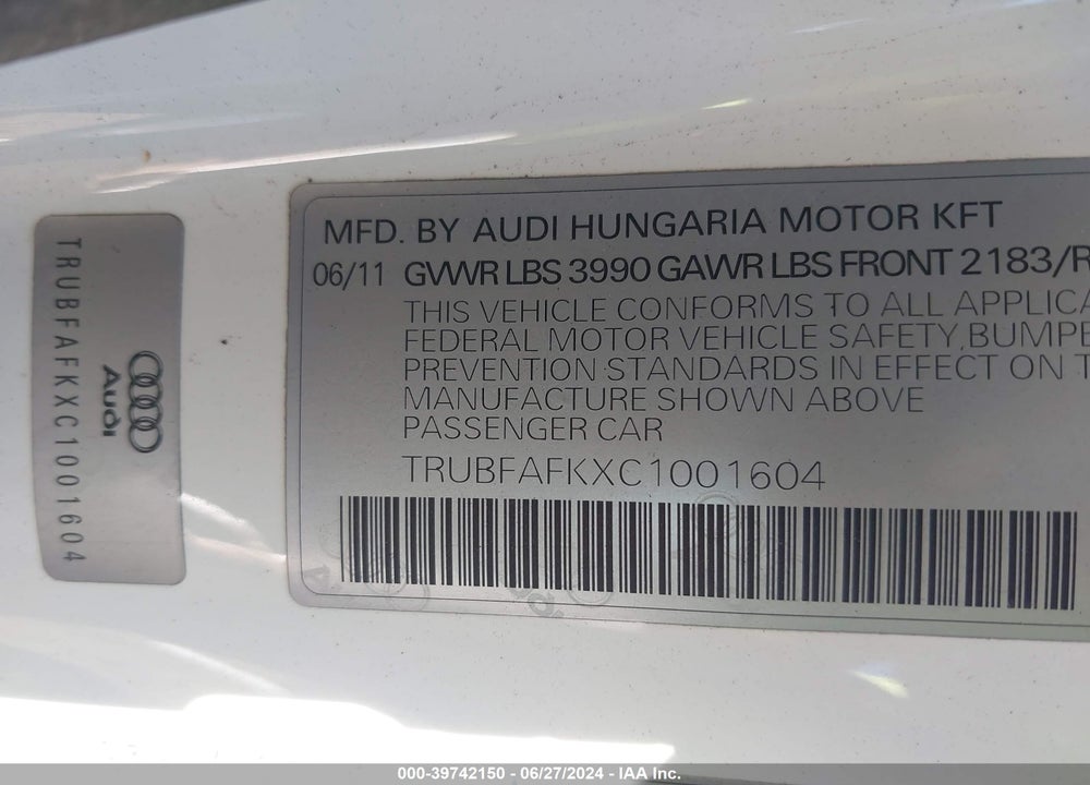 2012 AUDI TT 2.0T PREMIUM PLUS VIN: TRUBFAFKXC1001604