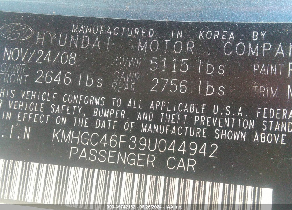 2009 HYUNDAI GENESIS 4.6 VIN: KMHGC46F39U044942