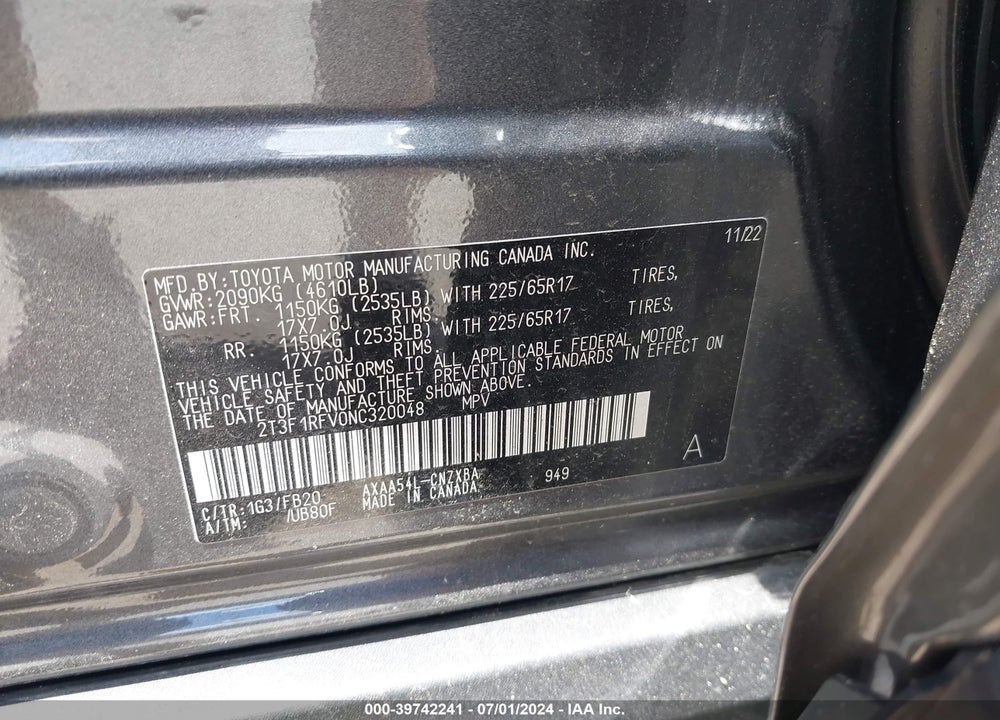 2022 TOYOTA RAV4 LE VIN: 2T3F1RFV0NC320048