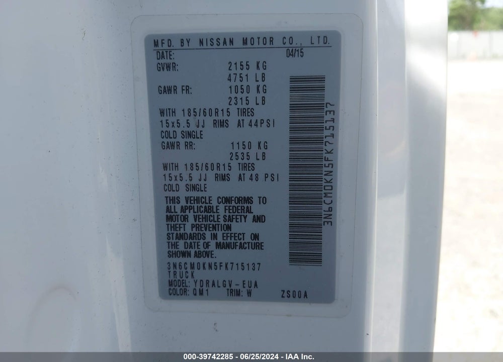 2015 NISSAN NV200 SV VIN: 3N6CM0KN5FK715137