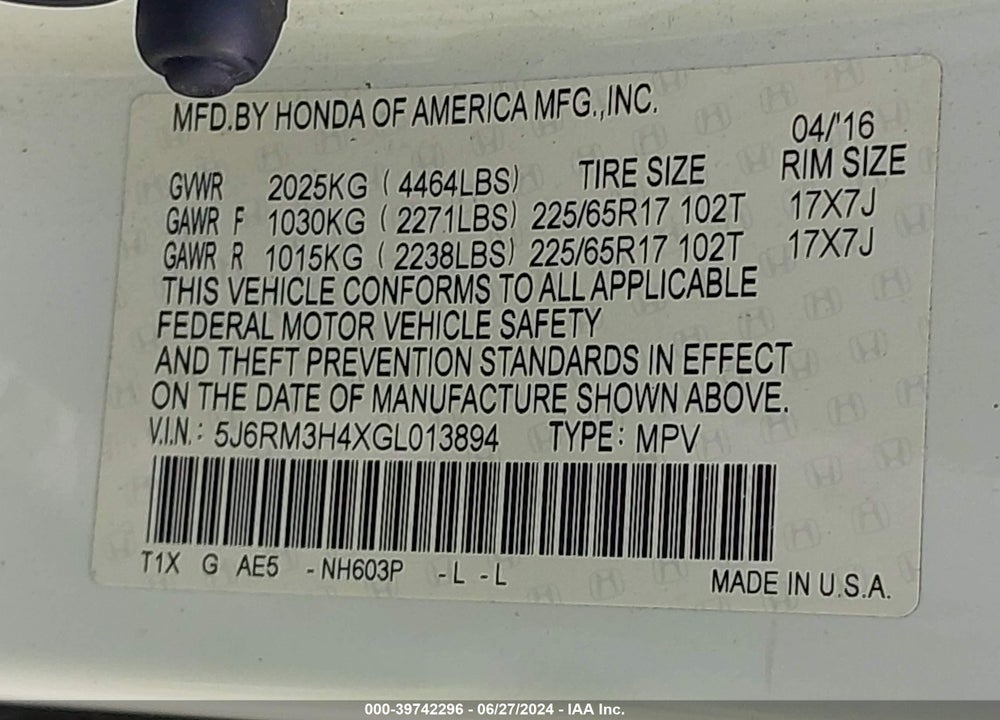 2016 HONDA CR-V SE VIN: 5J6RM3H4XGL013894