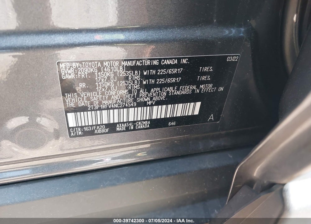 2022 TOYOTA RAV4 XLE VIN: 2T3P1RFV4NC274549