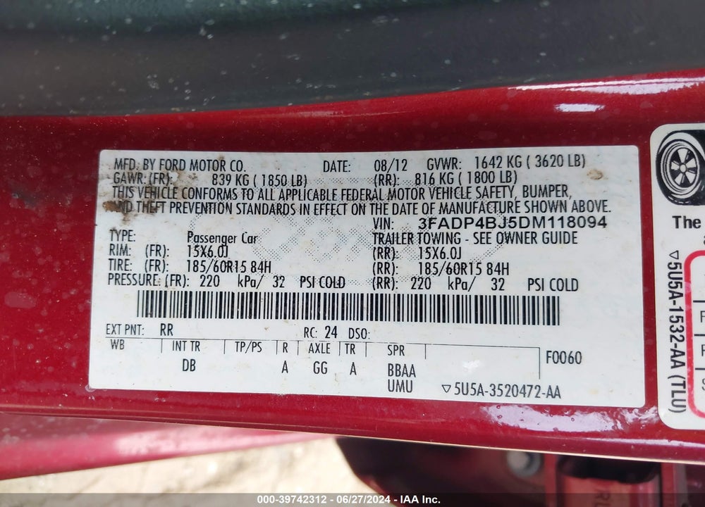 2013 FORD FIESTA SE VIN: 3FADP4BJ5DM118094