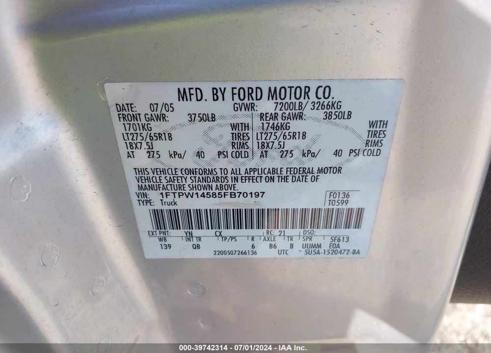 2005 FORD F-150 FX4/LARIAT/XLT VIN: 1FTPW14585FB70197