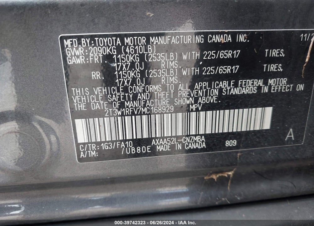 2021 TOYOTA RAV4 XLE VIN: 2T3W1RFV7MC168929