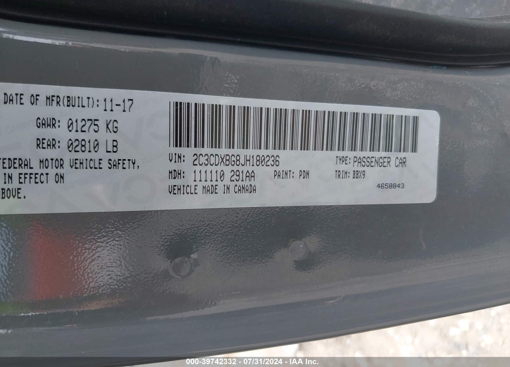 2018 DODGE CHARGER SXT RWD VIN: 2C3CDXBG8JH180236