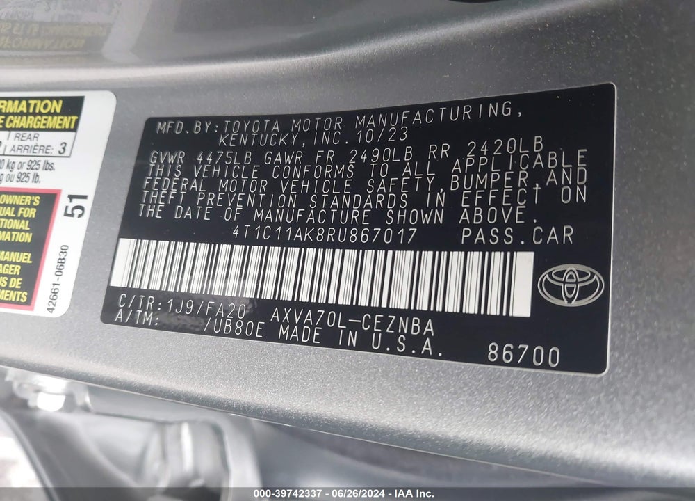 2024 TOYOTA CAMRY LE VIN: 4T1C11AK8RU867017