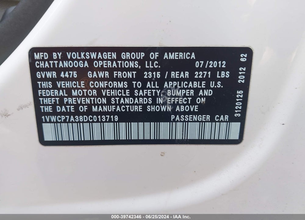 2013 VOLKSWAGEN PASSAT 2.5L SEL VIN: 1VWCP7A38DC013719