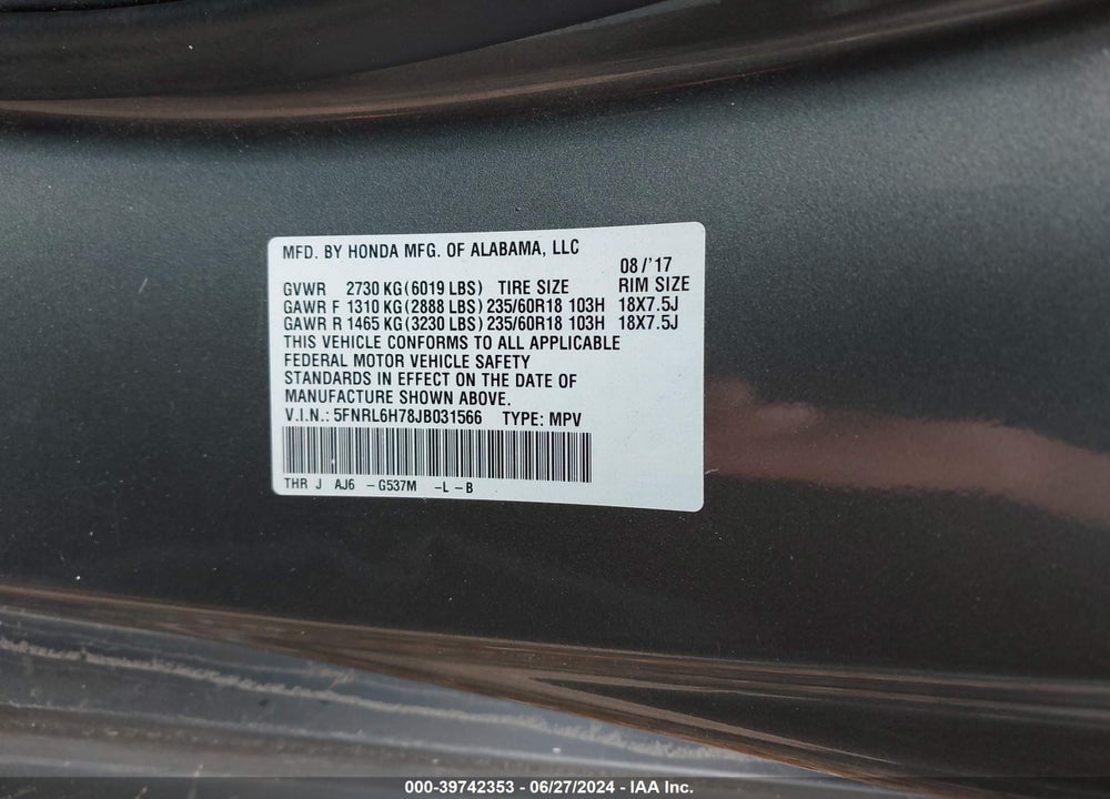 2018 HONDA ODYSSEY EX-L VIN: 5FNRL6H78JB031566