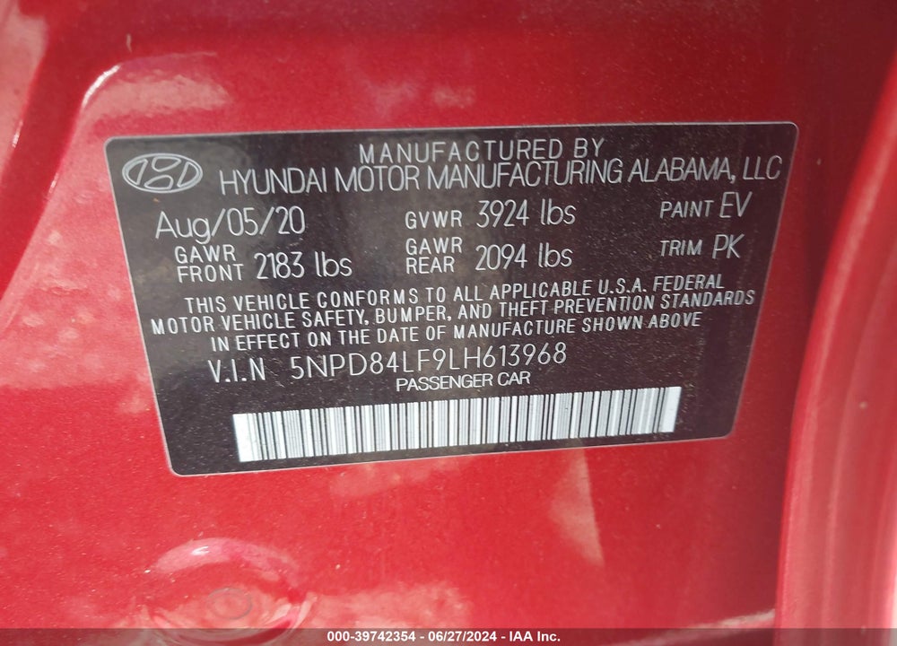 2020 HYUNDAI ELANTRA VALUE EDITION VIN: 5NPD84LF9LH613968