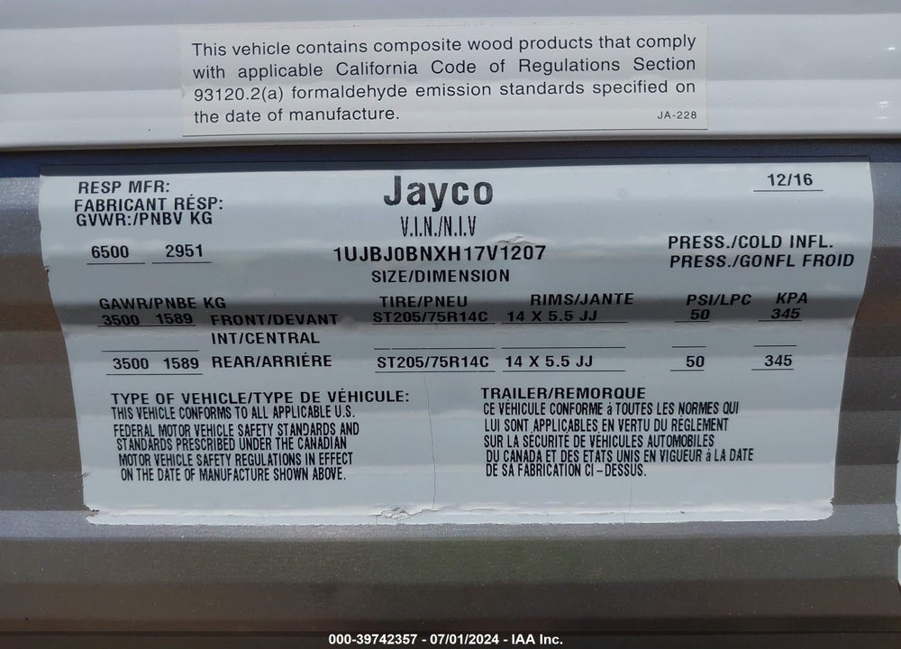 2017 JAYCO TRAVEL TRAILER VIN: 1UJBJ0BNXH17V1207