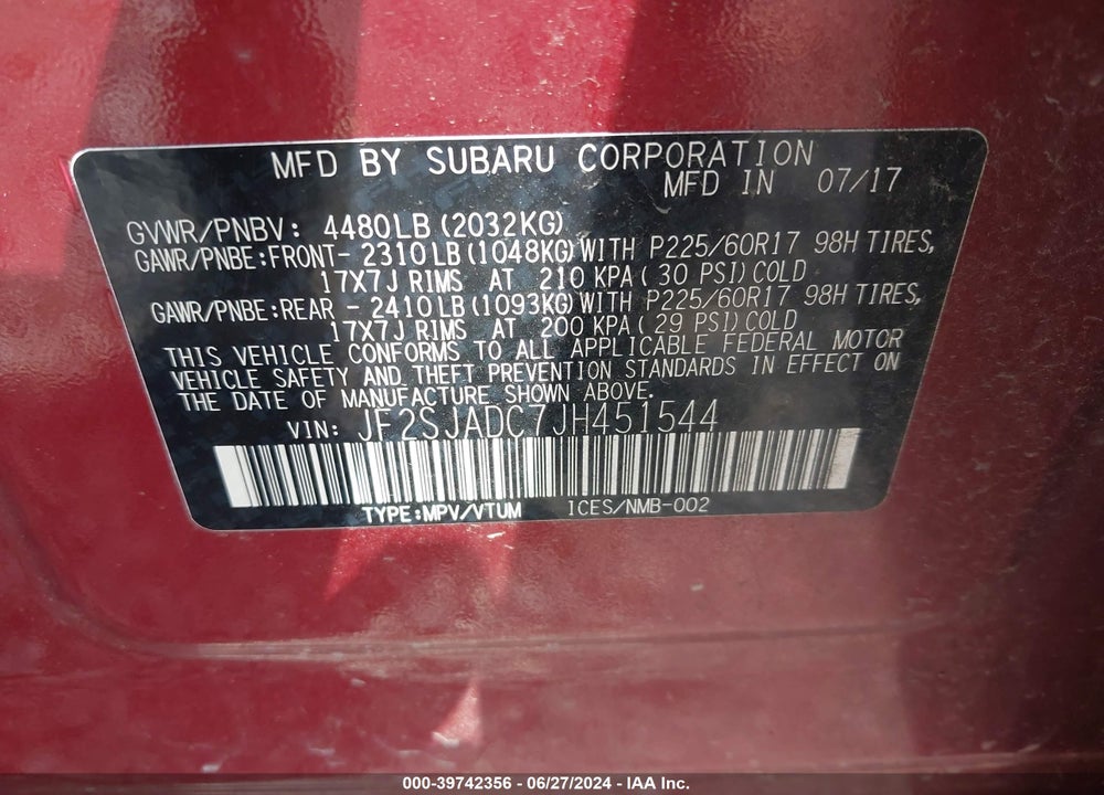 2018 SUBARU FORESTER 2.5I PREMIUM VIN: JF2SJADC7JH451544