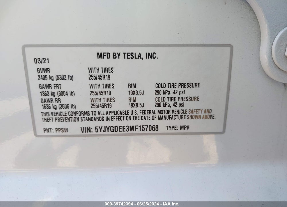 2021 TESLA MODEL Y LONG RANGE DUAL MOTOR ALL-WHEEL DRIVE VIN: 5YJYGDEE3MF157068