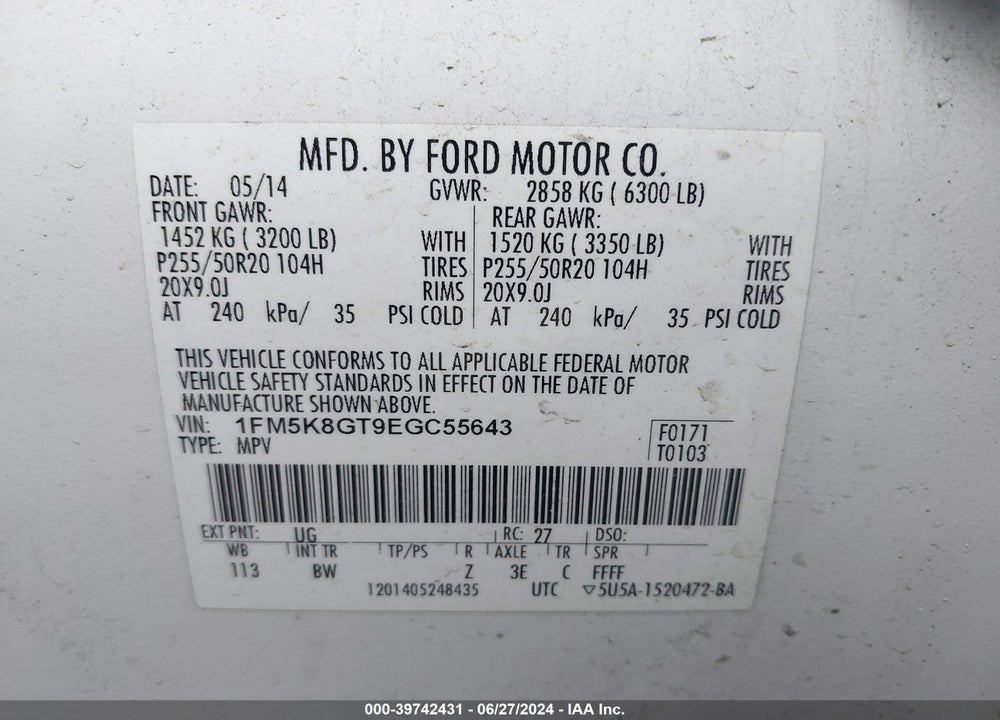 2014 FORD EXPLORER SPORT VIN: 1FM5K8GT9EGC55643