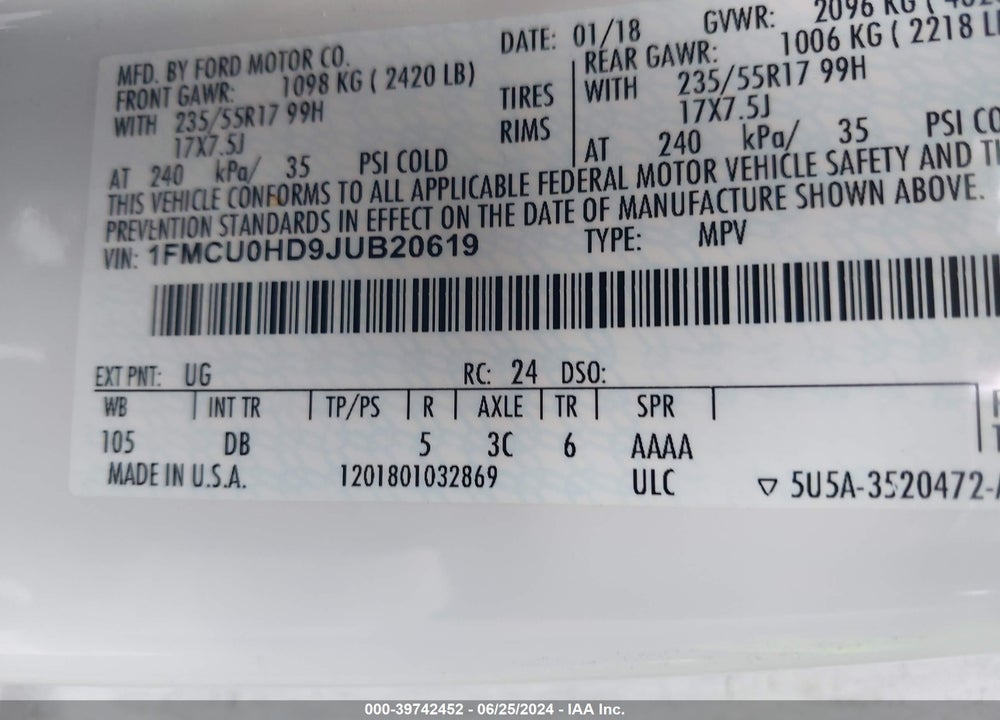 2018 FORD ESCAPE SEL VIN: 1FMCU0HD9JUB20619