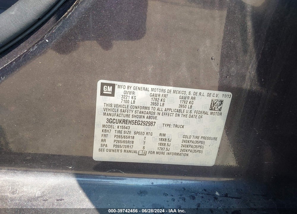 2014 CHEVROLET SILVERADO 1500 1LT VIN: 3GCUKREH5EG292987
