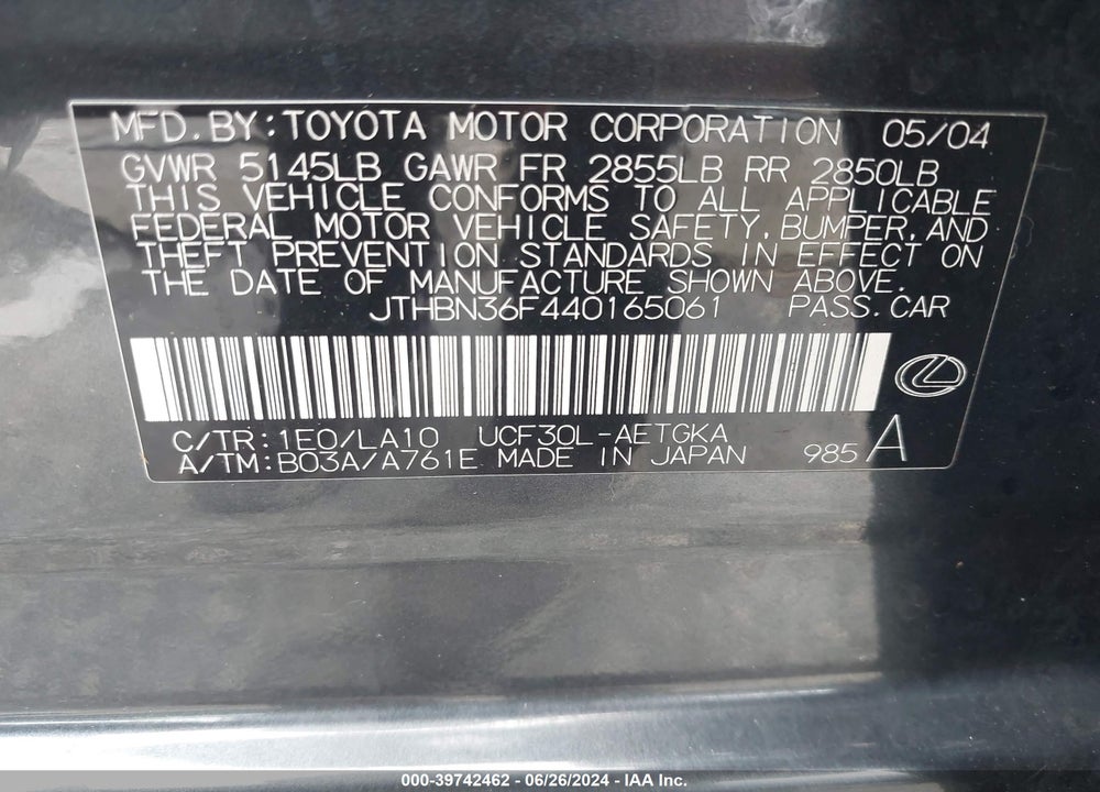 2004 LEXUS LS 430 VIN: JTHBN36F440165061