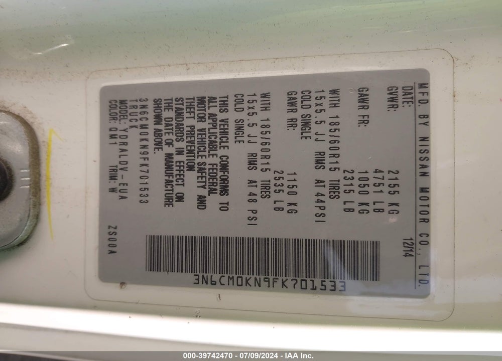 2015 NISSAN NV200 S VIN: 3N6CM0KN9FK701533
