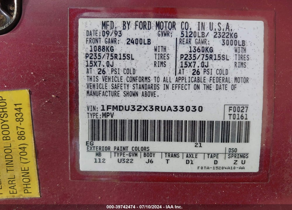 1994 FORD EXPLORER VIN: 1FMDU32X3RUA33030