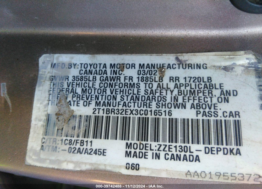 2003 TOYOTA COROLLA LE VIN: 2T1BR32E53C009277