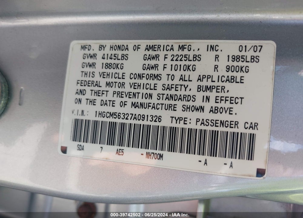2007 HONDA ACCORD 2.4 SE VIN: 1HGCM56327A091326