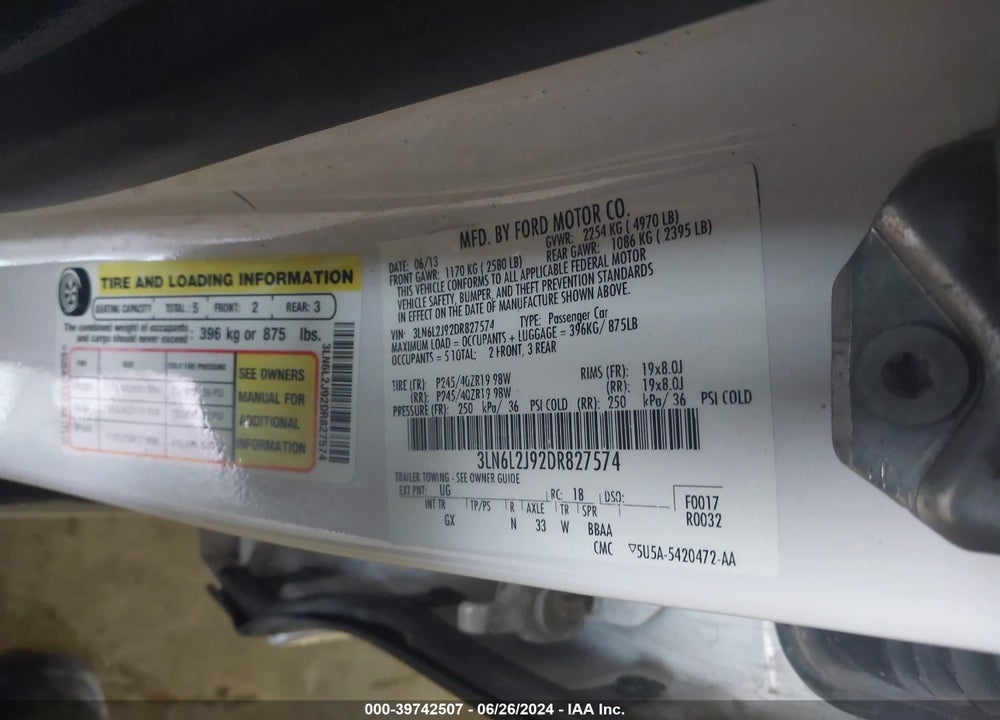 2013 LINCOLN MKZ VIN: 3LN6L2J92DR827574