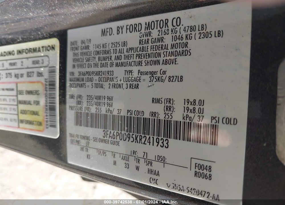 2019 FORD FUSION TITANIUM VIN: 3FA6P0D95KR241933