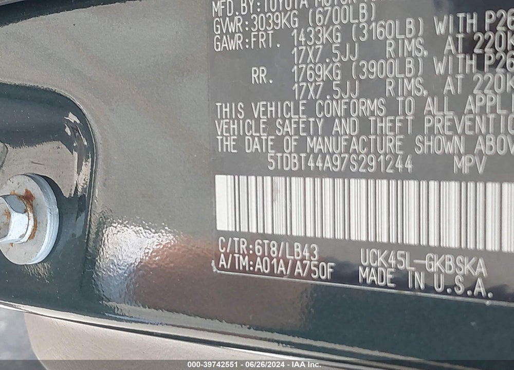 2007 TOYOTA SEQUOIA SR5 V8 VIN: 5TDBT44A97S291244