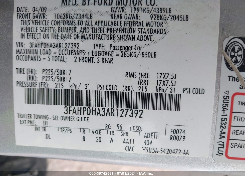 2010 FORD FUSION SE VIN: 3FAHP0HA3AR127392