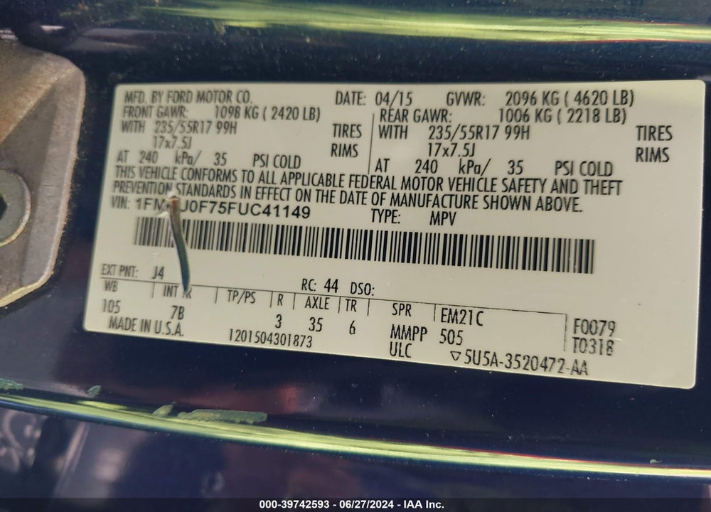 2015 FORD ESCAPE S VIN: 1FMCU0F75FUC41149