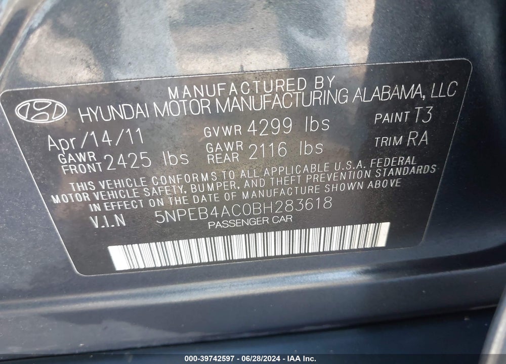 2011 HYUNDAI SONATA GLS VIN: 5NPEB4AC0BH283618