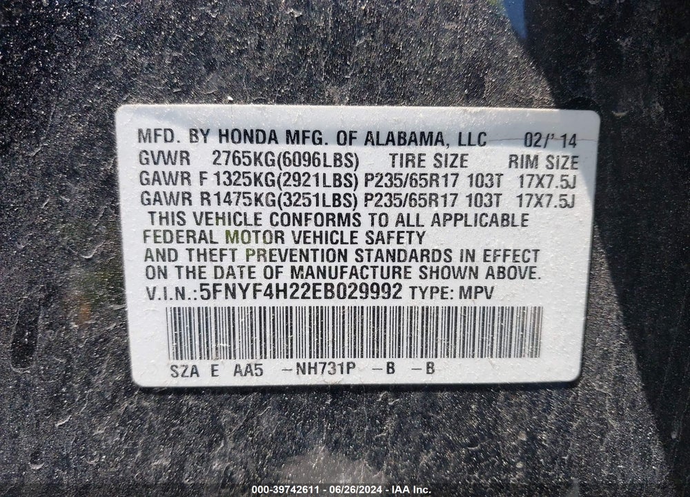 2014 HONDA PILOT LX VIN: 5FNYF4H22EB029992