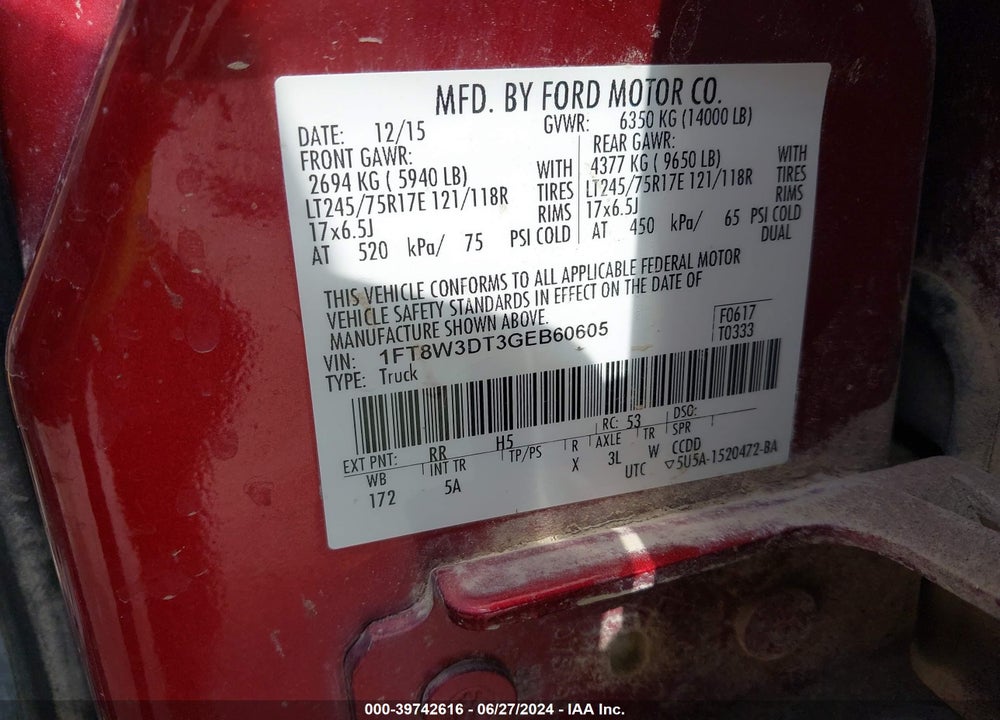 2016 FORD F350 VIN: 1FT8W3DT3GEB60605