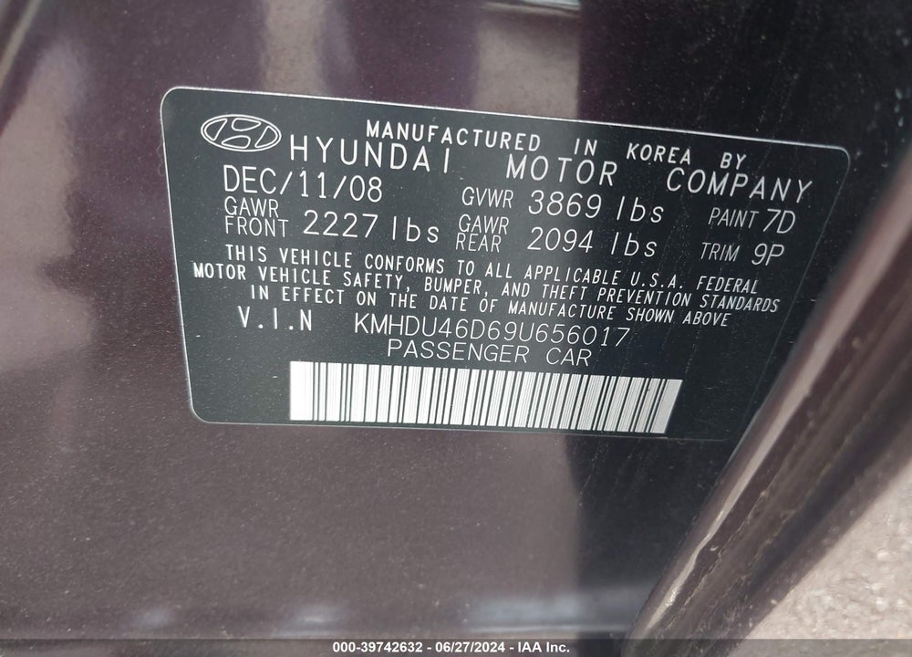 2009 HYUNDAI ELANTRA SE VIN: KMHDU46D69U656017