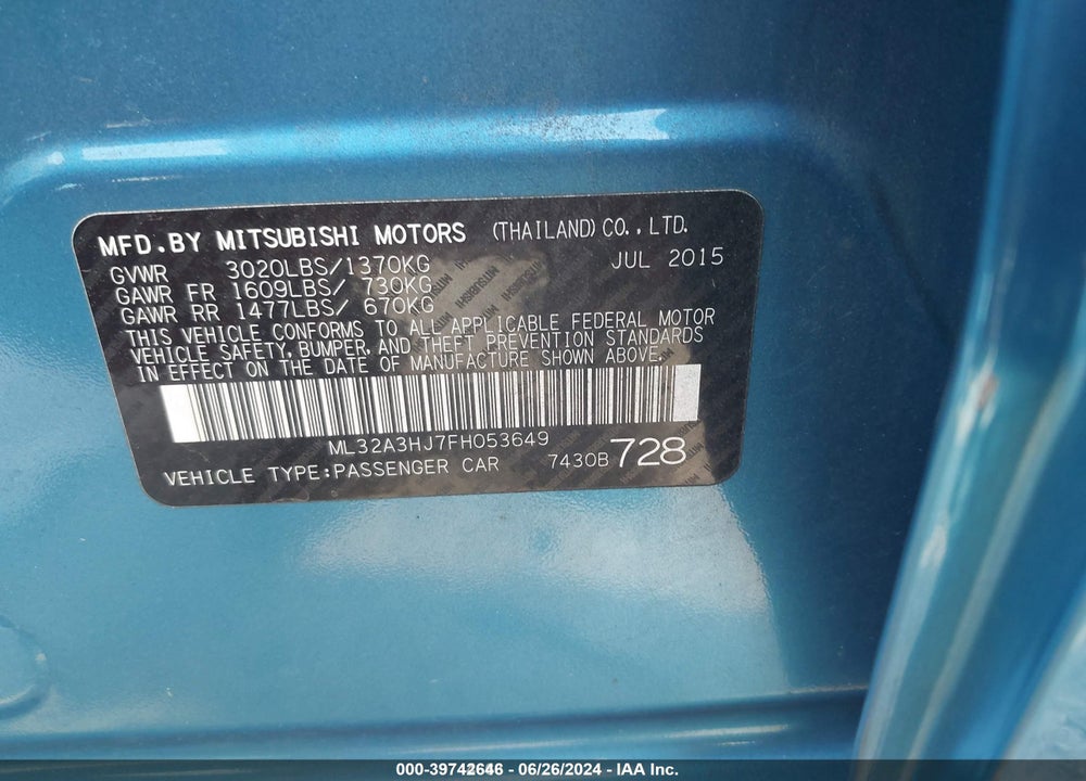 2015 MITSUBISHI MIRAGE DE VIN: ML32A3HJ7FH053649