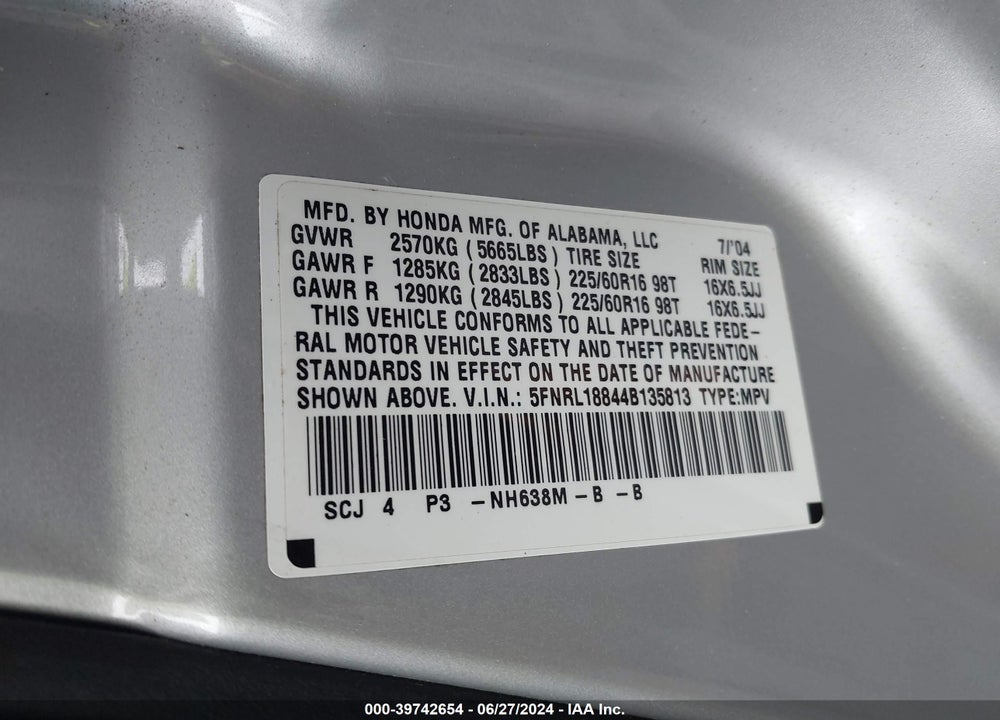 2004 HONDA ODYSSEY EX VIN: 5FNRL18844B135813