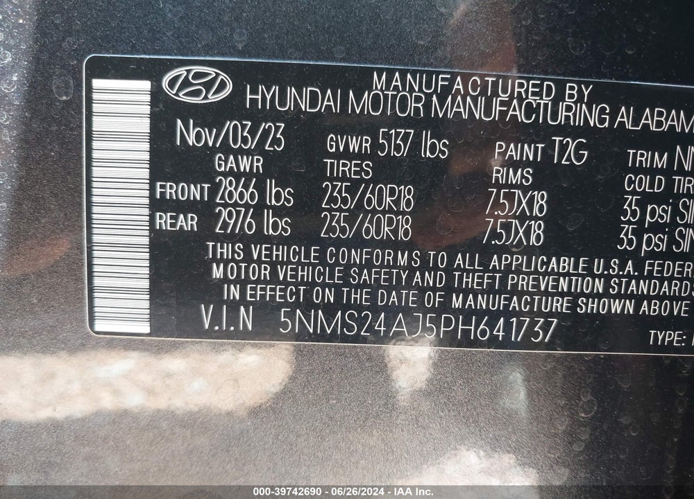 2023 HYUNDAI SANTA FE SEL VIN: 5NMS24AJ5PH641737
