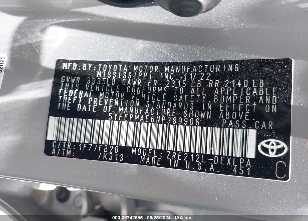 2022 TOYOTA COROLLA LE VIN: 5YFEPMAE6NP389906