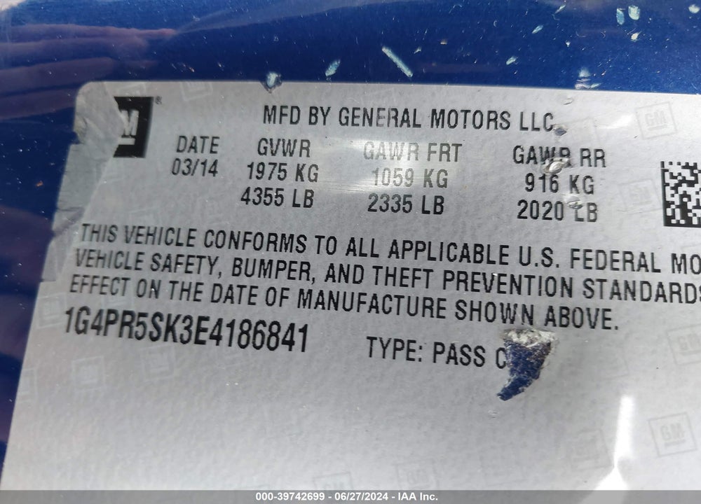 2014 BUICK VERANO CONVENIENCE GROUP VIN: 1G4PR5SK3E4186841