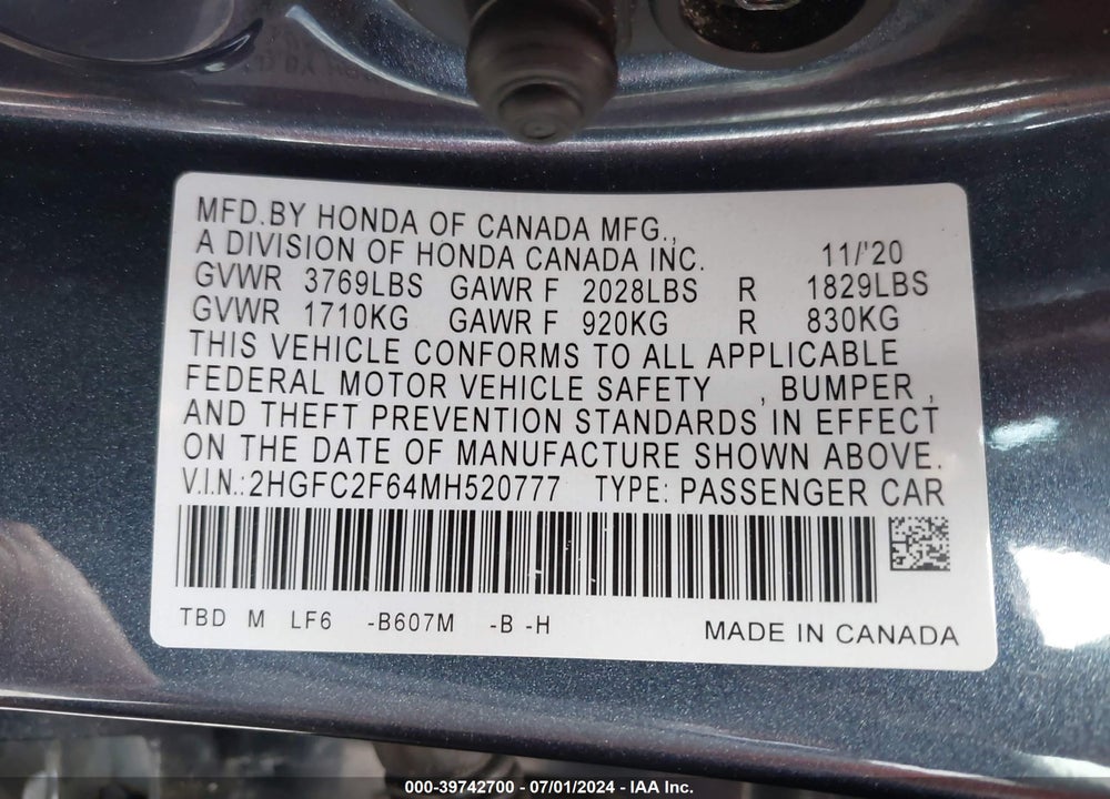 2021 HONDA CIVIC LX VIN: 2HGFC2F64MH520777