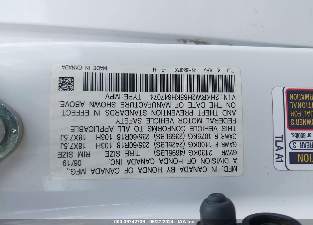 2019 HONDA CR-V EX-L VIN: 2HKRW2H85KH647074